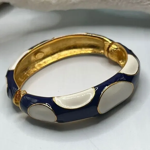 Blue White Enamel Gold Hinged Bangle Kenneth Jay Lane - Picture 10 of 14
